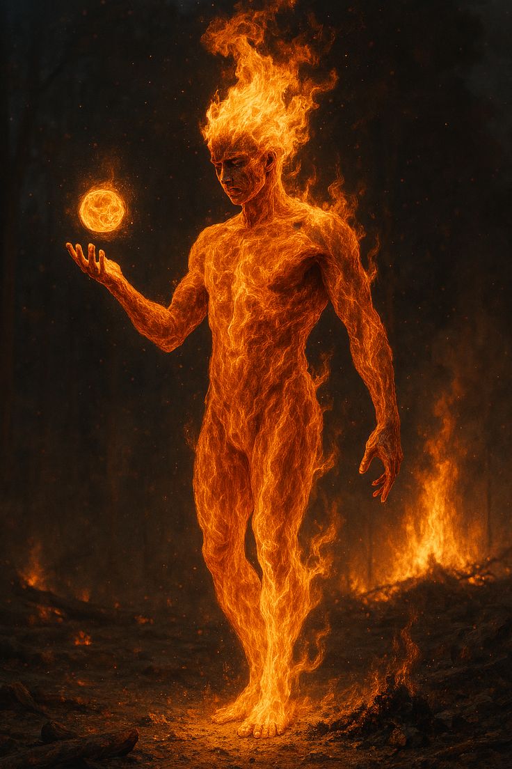 A humanoid figure made entirely of flame, holding a small burning sphere in one hand.